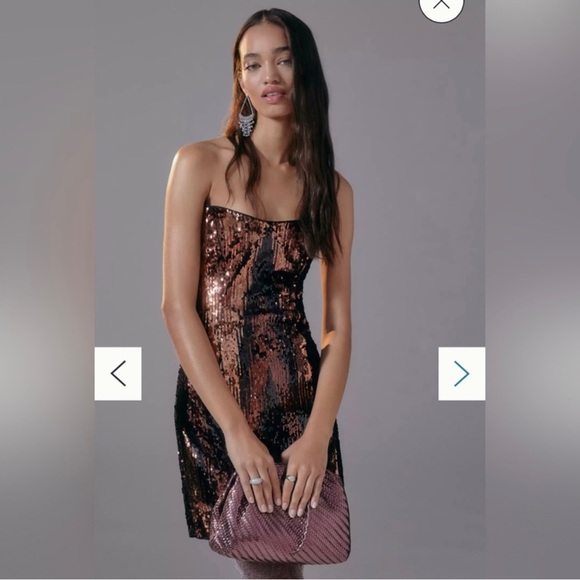 Anthropologie Strapless Sequin Mini Dress in Rose Gold, Black, & Rust Streak I 4 - Picture 2 of 10
